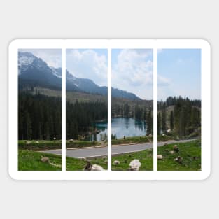 The fabulous alpine lake of Carezza in the Dolomites (Bolzano). Lovely place in the Italian Alps. Reflections in the water. View from the hill. Sunny spring day. Trentino Alto Adige Sticker